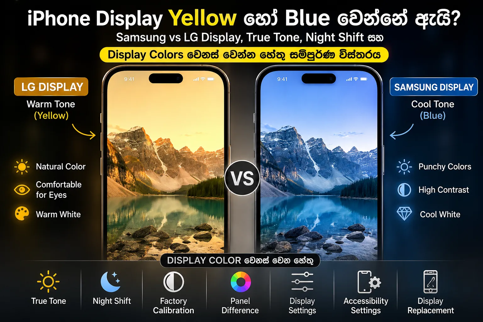iPhone Display Yellow හෝ Blue වෙන්නේ ඇයි? Samsung vs LG Display සහ True Tone ගැන සම්පූර්ණ Guide (2026)