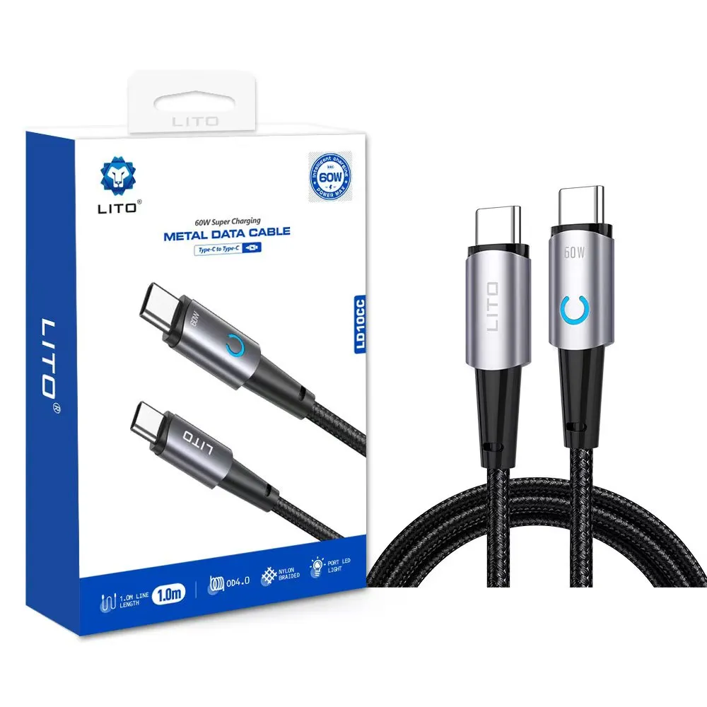 LITO LD10CC 60W USB Type-C to Type-C Fast Charging Metal Data Cable with LED Light