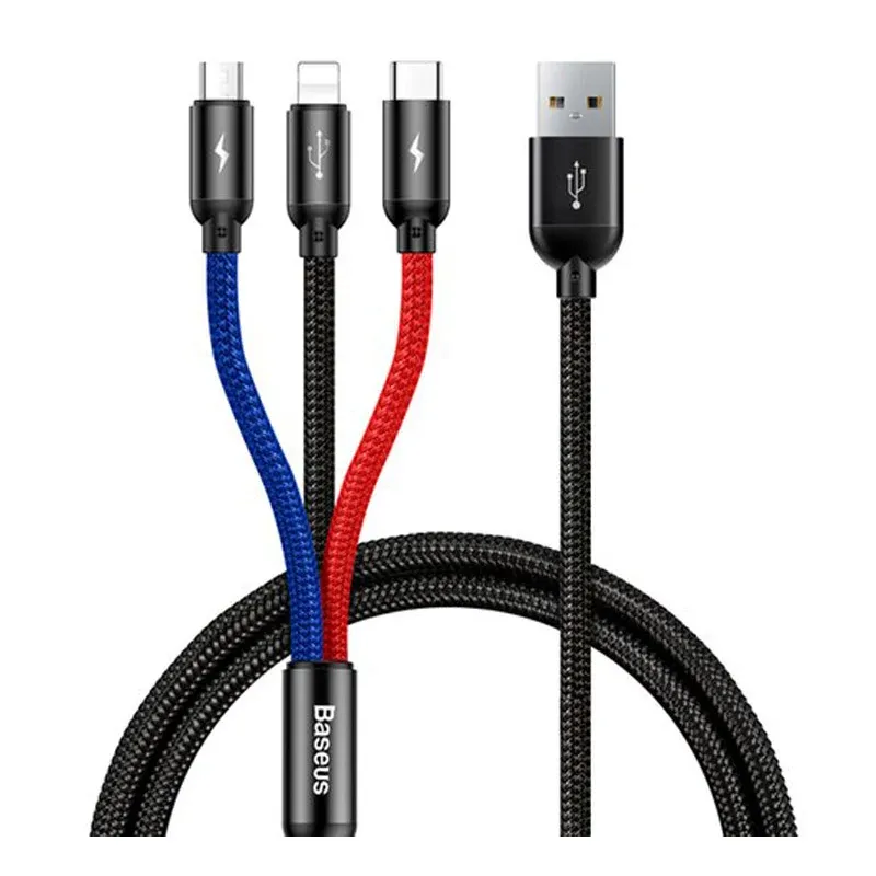 Baseus Three Primary Colors 3-in-1 Charging Cable – USB-A to Micro USB, Lightning & USB-C
